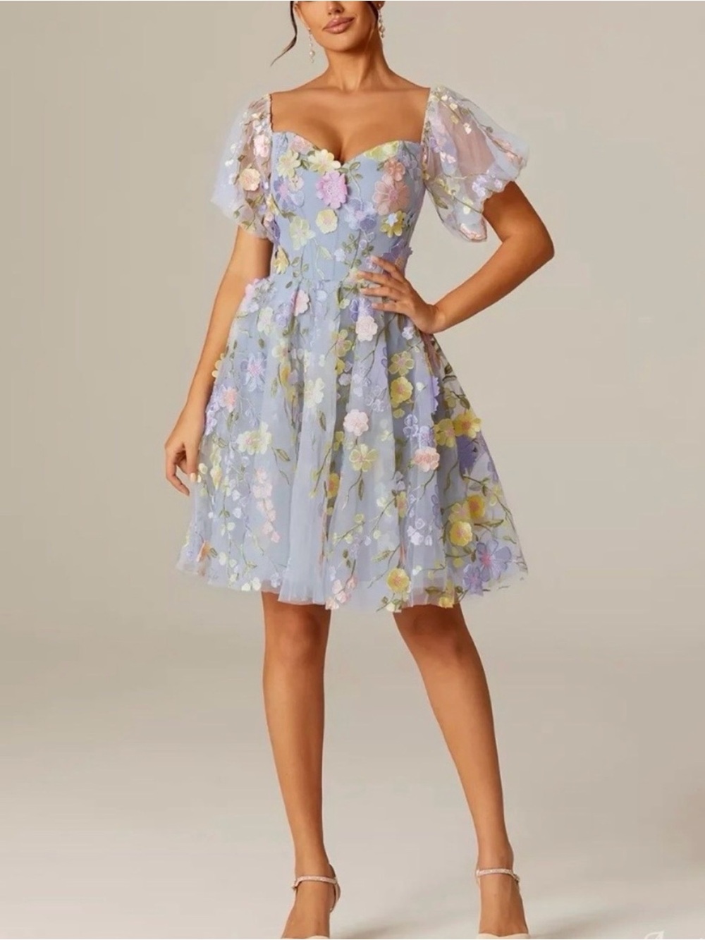 AW. Bridal Lilac Floral Puff-Sleeve Mini Dress with Sweetheart Neckline